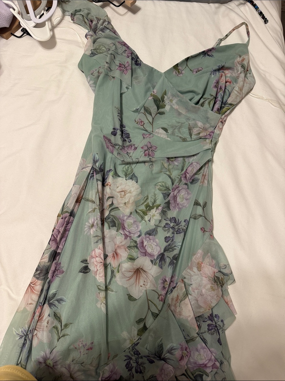Emerald Sundae Mint Green Floral One-Shoulder Ruffle Dress